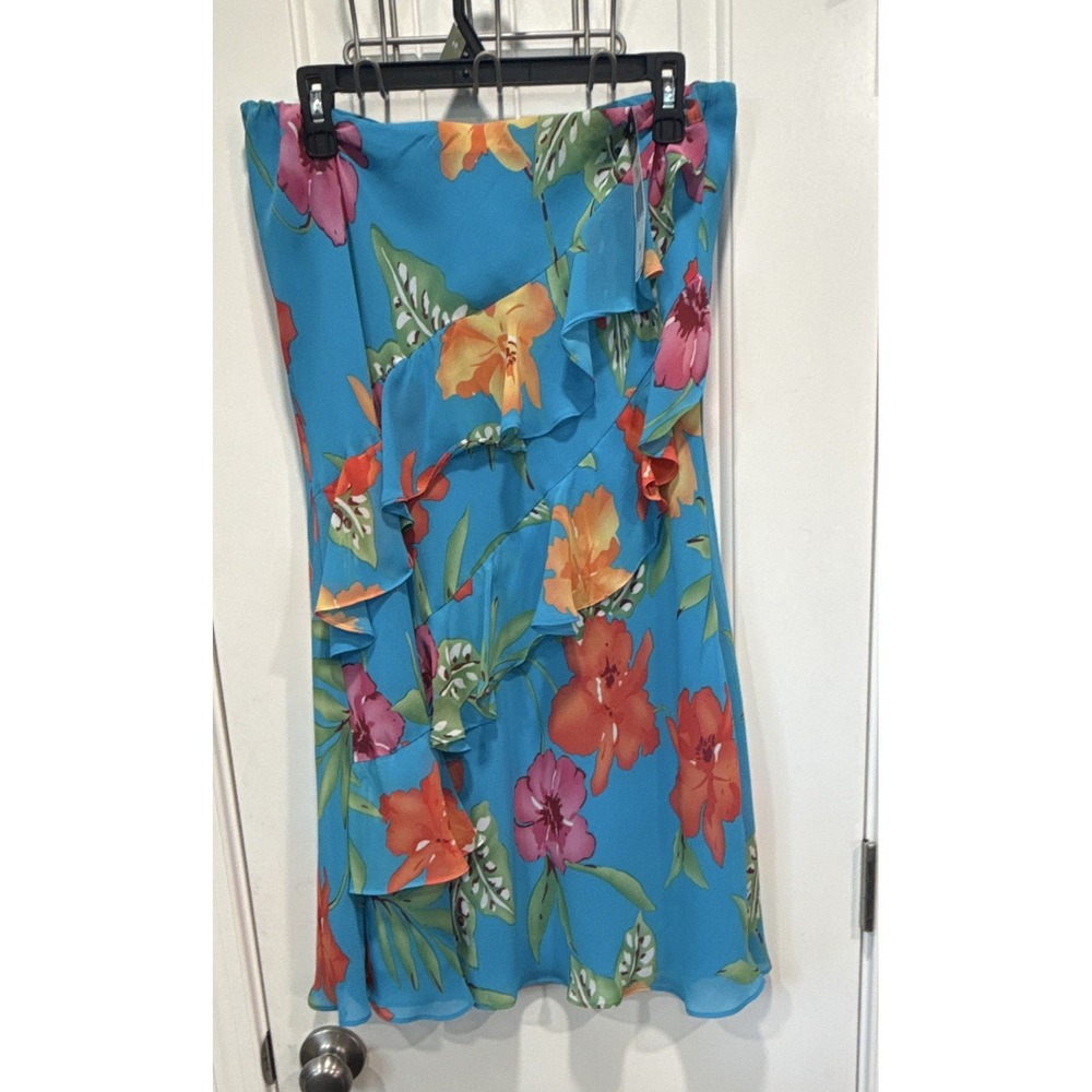 Chaps Women Size M Blue Multicolor Floral Ruffle WrapMidiChiffon Skirt Lined NWT